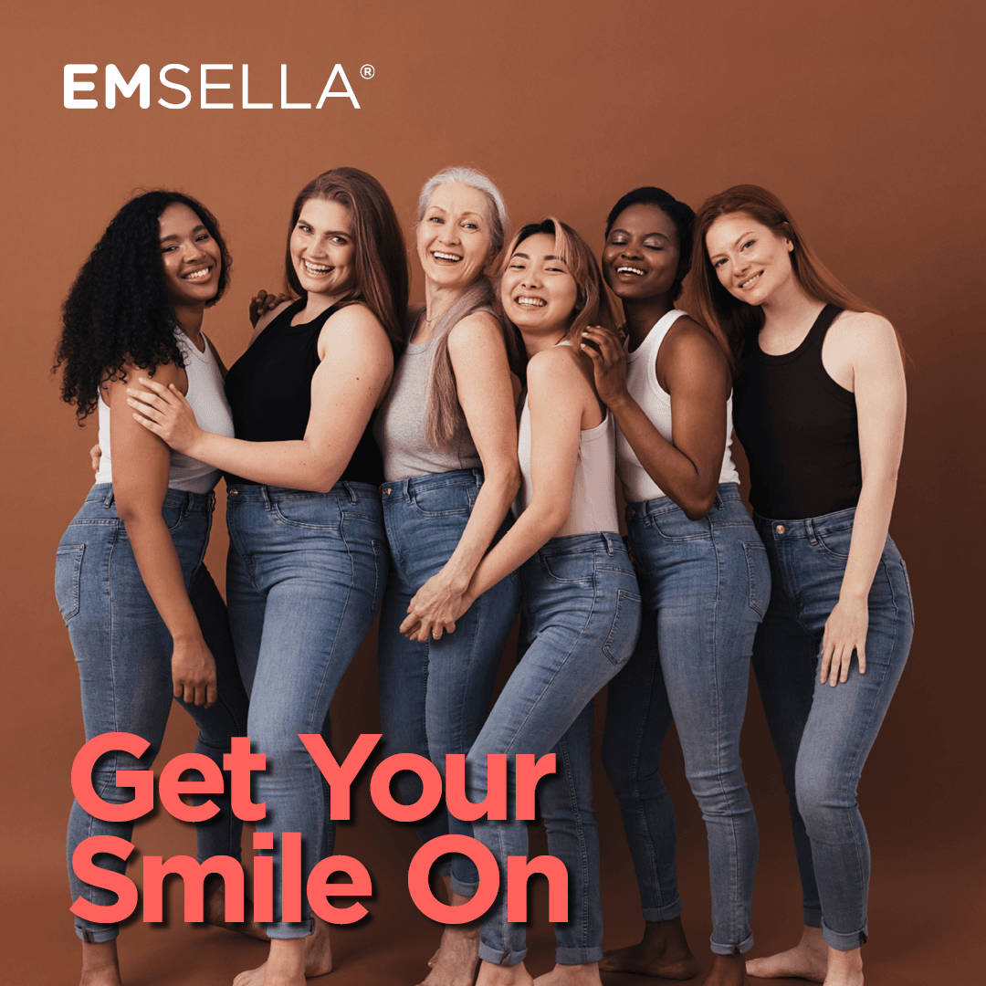 Diverse women smiling together in casual outfits.